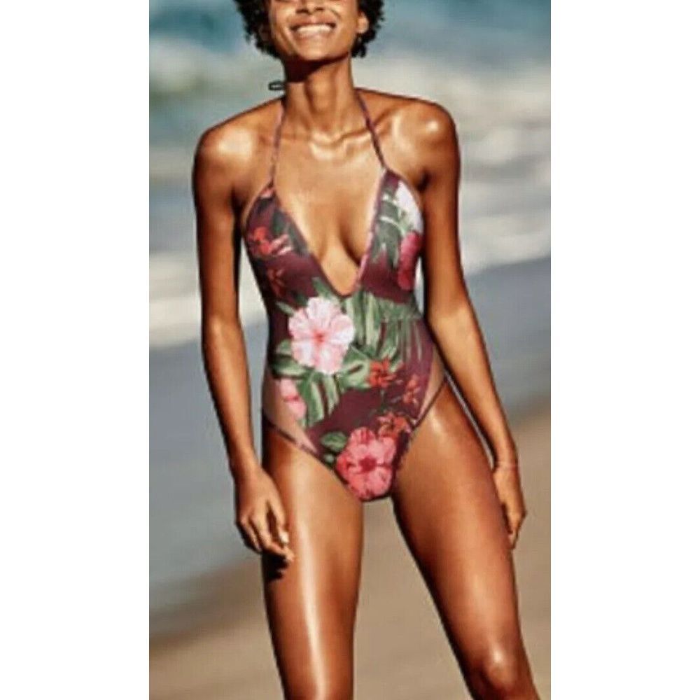 NWT Victorias Secret PINK Mesh Plunge Venetian Red Floral One Piece Mesh Sz S